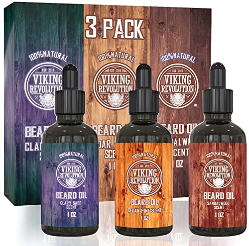 Viking Revolution Beard Oil Conditioner Pack All Natural Variety Set Sandalwood, Pine & Cedar, Clary Sage Conditioning and Moisturizing for a Healthy Beard