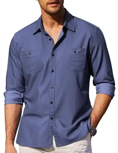 COOFANDY Men Untucked Chambray Shirt Regular Fit Button Up Long Sleeve Dress Shirt Navy Blue