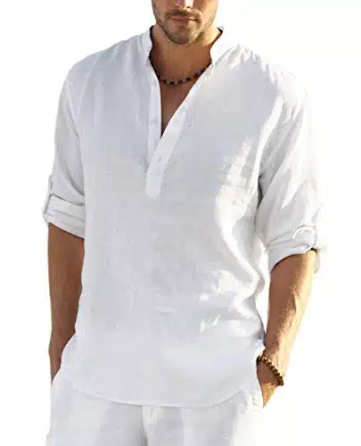 COOFANDY Men's Cotton Linen Henley Shirt Long Sleeve Hippie Casual Beach T Shirts White