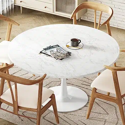 DKLGG White Marble Round Dining Table, Tulip Kitchen Dining Table People with MDF Top & Pedestal Base, Mid Century End Leisure Coffee Office Living Room Table