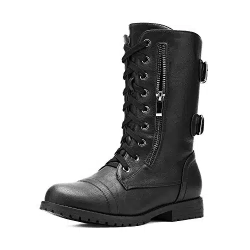 DREAM PAIRS Women's Terran Black Mid Calf Built in Wallet Pocket Lace up Military Combat Boots Utilitarian    US