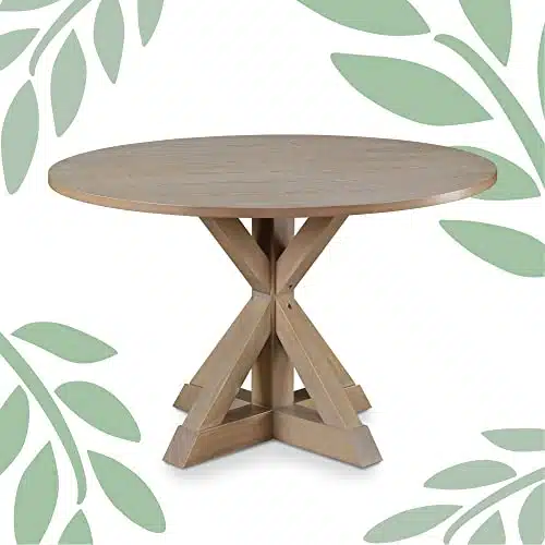 Finch Alfred Round Solid Wood Rustic Dining Table for Farmhouse Kitchen Room Decor, Wooden Trestle Pedestal Base, ide Circular Tabletop, Distressed Beige, in x in x in