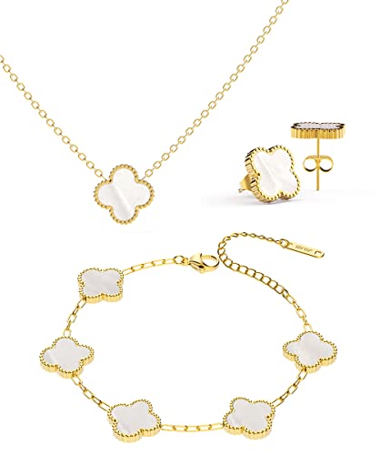 Lucky Clover Sets Necklace Pendant Earrings Bracelet for Women Girls K Gold plated Stainless Steel Pendant, Fashion Simple Jewelry