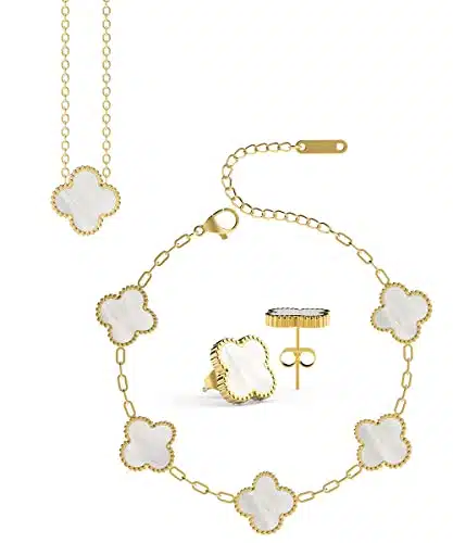 Lucky Clover Sets Necklace Pendant Earrings Bracelet for Women, K Gold plated Stainless Steel Pendant Earrings Bracelet, Fashion Simple Jewelry
