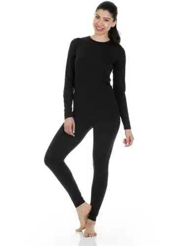Thermajane Long Johns Thermal Underwear for Women Fleece Lined Base Layer Pajama Set Cold Weather (Large, Black)