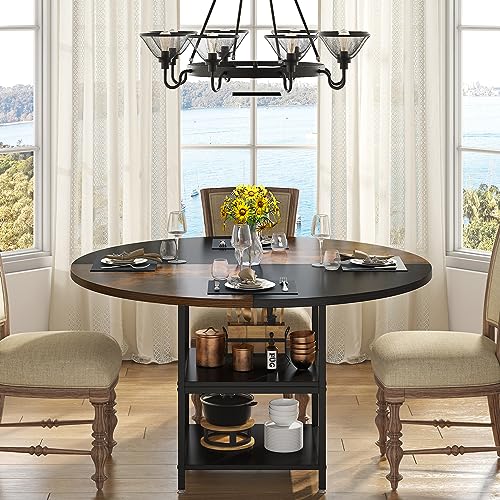 Tribesigns Round Dining Table for , inch Kitchen Table Small Dinner Table with Storage Shelf Metal Legs Wood Table Top for Home Dining Room Living Room, Rustic Brown Black