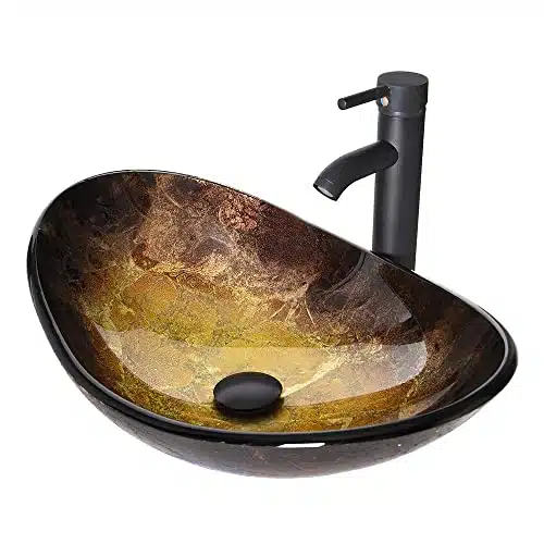 Bathroom Vessel Sink, Boat Shape Bathroom Artistic Glass Vessel Bowl Basin with Free Oil Rubbed Bronze Faucet and Pop up Drain, Gold ingot