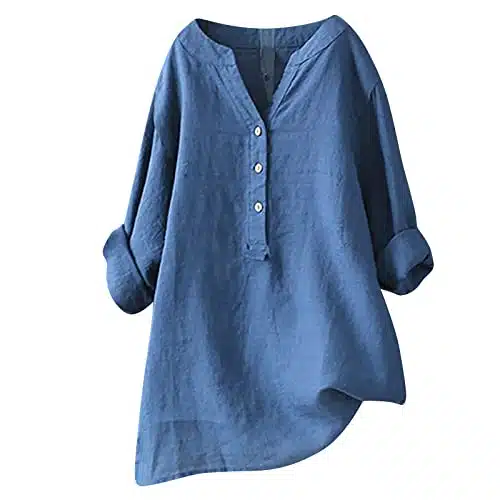 Ceboyel Women Cotton Linen Shirts Button Down Summer Blouse Roll Up Sleeve Tops Tunic Trendy Boho Ladies Clothes