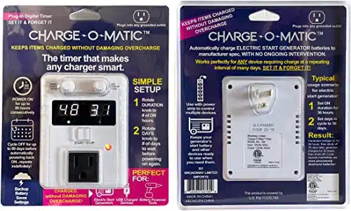 Charge O Matic   The timer that makes any charger smart. Power on for up to hours, cycle off for up to days, repeats indefinitely! Keeps items charged without damaging overcharge. ETL certified.