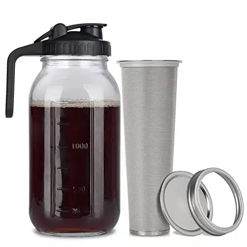 Cold Brew Mason Jar iced Coffee Maker, Durable Glass,   oz (Quart  Liter), With Handle& Stainless Steel Filter for Iced Brew Coffee, Lemonade, Ice Tea, Homemade Fruit Drinks Container