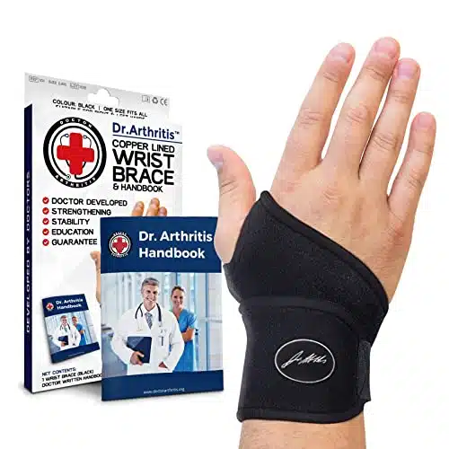 Dr. Arthritis Doctor Developed Copper Wrist BraceWrap for Carpal Tunnel Support, Wrist Splint Brace  F.D.A. Medical Device & Doctor Handbook Night Support for Women Men Right & Left hands (Single)