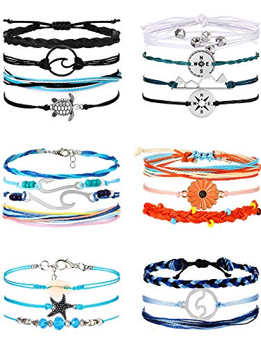 Hicarer Pieces Surfer Wave Bracelet Ocean Wave Adjustable Waterproof Handmade Friendship Bracelet Anklets Jewelry for Women Teen (Ocean Style)