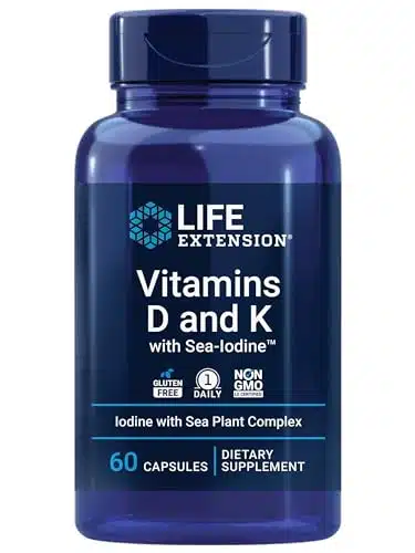Life Extension Vitamins D and K with Sea Iodine, vitamin D, vitamin Kand K, iodine, supports immune, bone, arterial and thyroid health, non GMO, gluten free, capsules