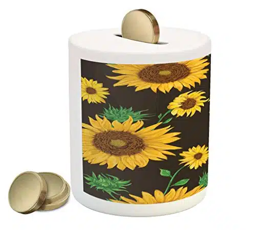 Lunarable Sunflower Piggy Bank, Earth Tones Floral Buds Leaves Spring Nature Vintage Pattern, Ceramic Coin Bank Money Box for Cash Saving, X , Yellow Green