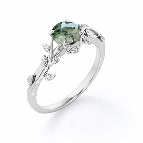 Luyona Natural Moss Agate Ring Sterling Silver Green Moss Agate Ring Promise Ring Engagement Wedding Jewelry Gift for Women (, D leaf)