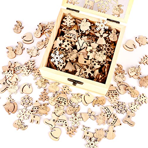 MACTING pcs Unfinished Wood Christmas Ornaments Mini Size Snowflakes, Bell, Deer, Trojan Horse, Christmas Tree Shaped Embellishments Ornaments Art Craft Christmas Decoration