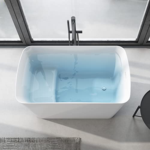 Mokleba Lucite Acrylic Freestanding Bathtubï¼Square Shape Janpanese Soaking Tub with Seat Desgin,Toe tap Chrome Right Drain, Slotted Overflow, cUPC Certified,Glossy White