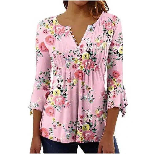 SMIDOW Spring Tops For Women Trendy Bell Sleeve Henley Shirts Boho Floral Print Tunics Casual Loose Blouse