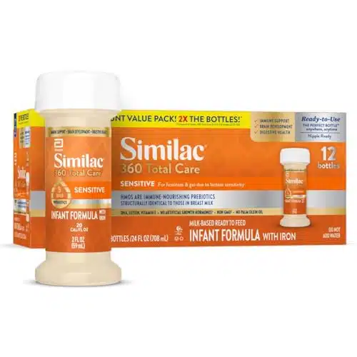 Similac Total Care Sensitive Infant Formula With HMO Prebiotics, for Fussiness & Gas Due to Lactose Sensitivity, Non GMO, Baby Formula, Ready to Feed, fl oz Bottle, Pack of