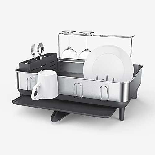 Simplehuman Kitchen Dish Drying Rack with Swivel Spout, Fingerprint Proof Stainless Steel Frame, Grey Plastic
