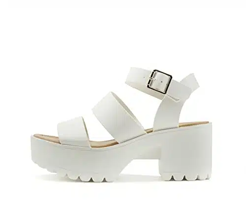 Soda ACCOUNT ~ Women Open Toe Two Bands Lug sole Fashion Block Heel Sandals with Adjustable Ankle Strap (White, numeric_)