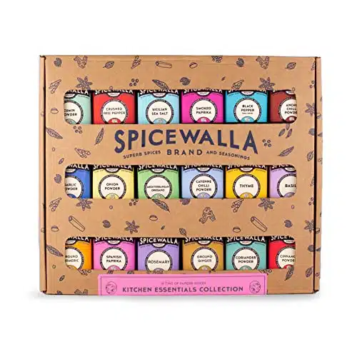 Spicewalla Essential Spices and Seasonings Set Pack Variety  Garlic, Onion, Paprika, Crushed Red Pepper, Oregano, & more Kitchen Cooking Set for Apartment and Home  House Warming Gift Set
