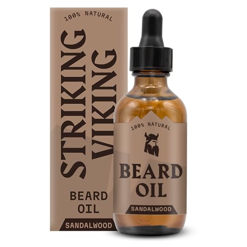 Striking Viking Beard Oil Conditioner Sandalwood Scent (Large Oz) Natural Organic Formula with Tea Tree, Argan and Jojoba Oils for Men Promotes Growth, Softens, & Hydrates