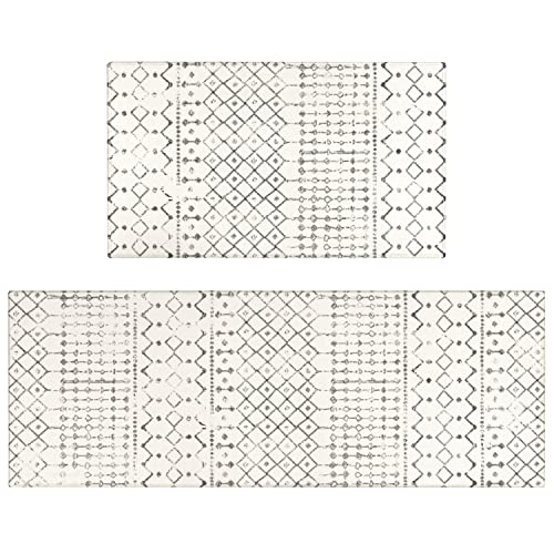 Xsinufn Boho Kitchen Mat Set of ,Modern Farmhouse Kitchen Rugs and Mats Non Skid Washable,Moroccan Boho Runner Rugs with Rubber Backing for Kitchen Decor Accessories (GreyOff White x+x)