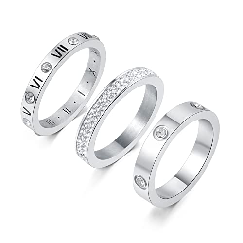 YIKOXI pcs Love Friendship Lucky Ring Cubic Zirconia Gold Ring Sets for Women Stainless Steel Wedding Statement Thumb Ring Bands (Silver, )