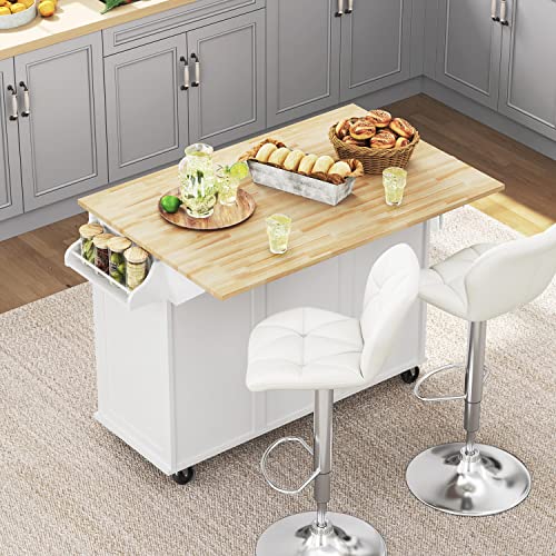 Yaheetech Kitchen Island with Drop Leaf Breakfast Bar, idth Kitchen Cart on Universal Wheels with Rubberwood Top, Storage Cabinet, Drawers, and Spice Rack for Dinning Room, White