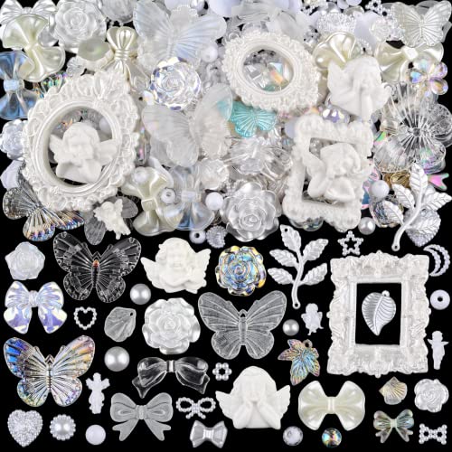 kikonoke Pieces D Resin Rose Flower Bows Butterfly Embellishments Angel Charms Picture Frame with Flatback Pearl Beads for Craft DIY Making Supplies (White)