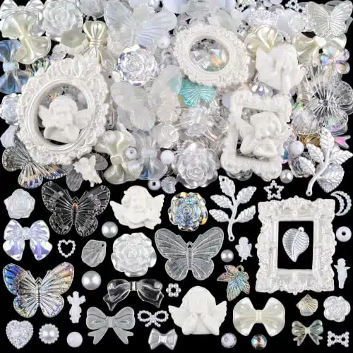 kikonoke Pieces D Resin Rose Flower Bows Butterfly Embellishments Angel Charms Picture Frame with Flatback Pearl Beads for Craft DIY Making Supplies (White)