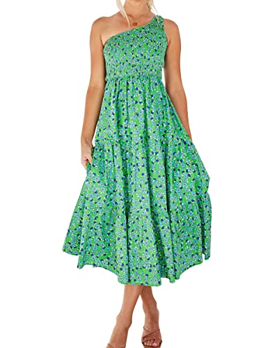 ANRABESS Women's Maxi Dress Summer Fashion Trendy Floral Dresses One Shoulder Sleeveless Smocked Ruffle Hem Tiered Flowy Bohemian Beach Sundress lvlanhua M