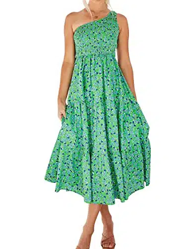 ANRABESS Women's Maxi Dress Summer Fashion Trendy Floral Dresses One Shoulder Sleeveless Smocked Ruffle Hem Tiered Flowy Bohemian Beach Sundress lvlanhua M