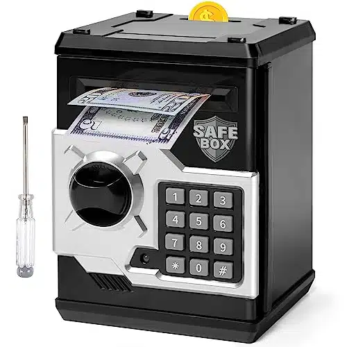ATM Piggy Bank for Boys Girls, Vcertcpl Mini ATM Coin Bank Money Saving Box with Password, Kids Safe Money Jar for Adults with Auto Grab Bill Slot, Great Gift Toy Bank for Kids (Black+Silver)