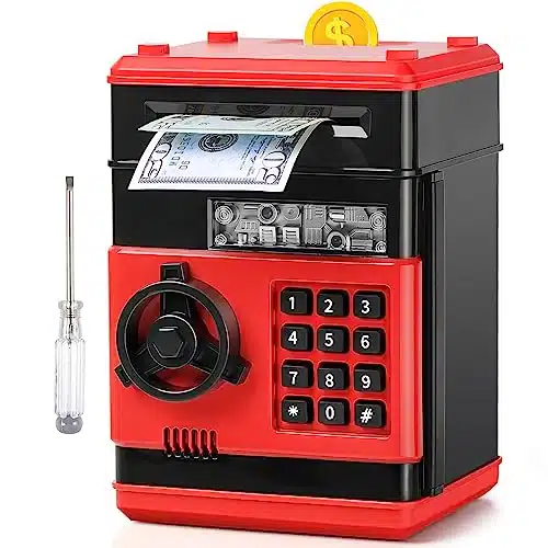 ATM Piggy Bank for Boys Girls, Vcertcpl Mini ATM Coin Bank Money Saving Box with Password, Kids Safe Money Jar for Adults with Auto Grab Bill Slot, Great Gift Toy Bank for Kids (Red+Black )