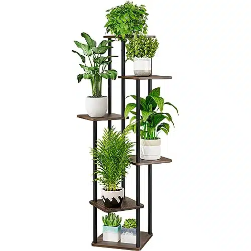 AZERPIAN Plant Stand Tier Indoor Metal Flower Shelf for Multiple Plants Corner Tall Flower Holders for Patio Garden Living Room Balcony Bedroom, Black Oak