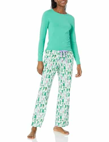 Amazon Essentials Women's Lightweight Flannel Pant and Long Sleeve T Shirt Sleep Set (Available in Plus Size), Festive Tree Set, Large
