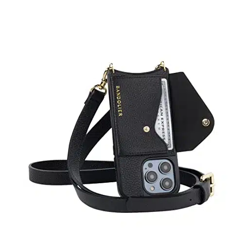 Bandolier Hailey Crossbody Phone Case and Wallet   Black Leather with Gold Detail   Compatible with iPhone Pro Max
