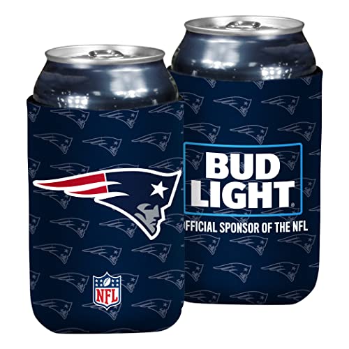 Bud Light & NFL Licensed New England Patriots Premium Insulated Neoprene Can Koozy CoverCooler Sleeve Gameday Foldable Beverage Apparel for Ounce Beer and Soda Cans, Pack Sided Design