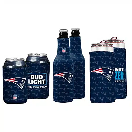 Bud Light & NFL Licensed New England Patriots Premium Insulated Neoprene Koozy Cover Set, CanSeltzerBottle   Easy On & Foldable for Ounce Drinks   Sided Design   Great Holiday Gift