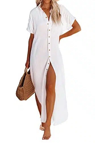 Dokotoo Womens Summer Beach Button Down Kimonos Long Cardigan Short Sleeve Side Split Casual Solid Loose Fit Bathing Suit Swimsuit Cover Ups for Women White Small