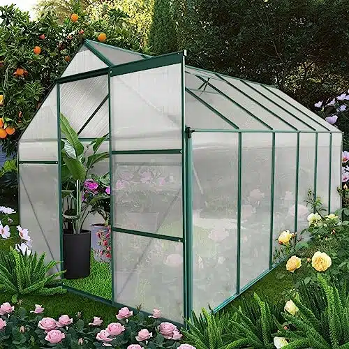 FurniFusion xFT Walk in Greenhouse for Outdoors, Polycarbonate Greenhouse Storage Shed with Sliding Door and Adjustable Vent Window, Aluminum Heavy Duty Hot House for Garden Backyard, Green