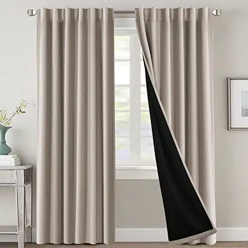 H.VERSAILTEX % Blackout Curtains for Bedroom with Black Liner Full Room Darkening Curtains Inch Long Thermal Insulated Back TabRod Pocket Window Drapes for Living Room, Natural Sand, Panels