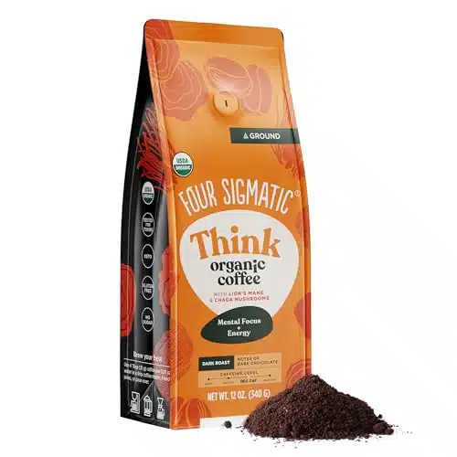 Organic Mushroom Ground Coffee by Four Sigmatic  Dark Roast, Fair Trade Gourmet Coffee with Lion's Mane, Chaga & Mushroom Powder  Immune Boosting Coffee for Focus & Immune Support  oz Bag