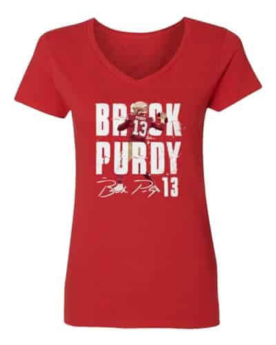 San Francisco Quarterback Football Player Purdy Ladies' V Neck Tshirt (Red, Small)