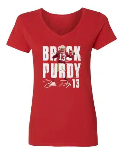 San Francisco Quarterback Football Player Purdy Ladies' V Neck Tshirt (Red, Small)