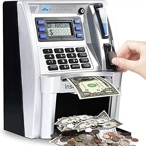 Upgraded ATM Saving Piggy Bank for Real Money for Kids Adults Personal ATM Savings Bank Machine with Card, Password Login, Coin Recognition, Bill Feeder, Balance Calculator, Electronic Safe Box