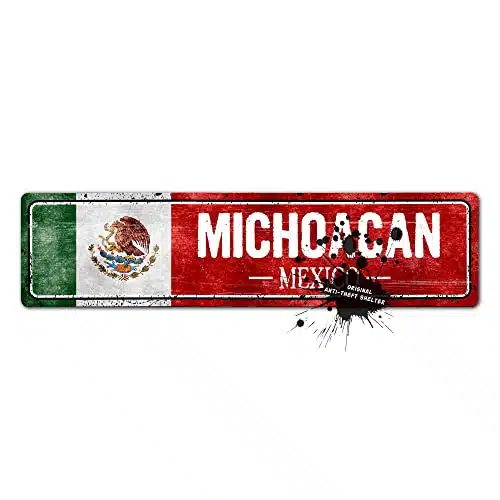Vintage Mexico Flag Sign, Michoacan   Mexico   Mexican Flag Street Signs, Novelty Wall Art Decorations for Home, Man Cave Bar Decor, Metal, Slim, xIn