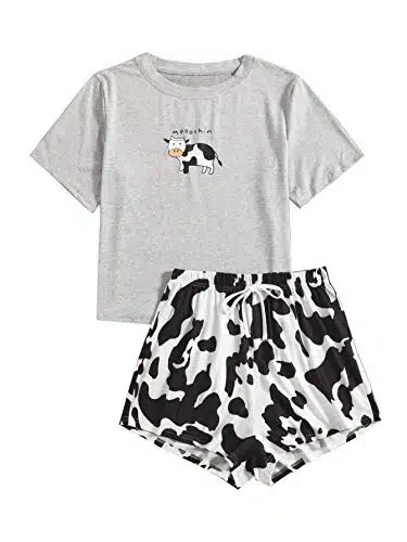WDIRARA Women's Cartoon Cow Print Short Sleeve Tee and Shorts Pajama Set Multicolored S